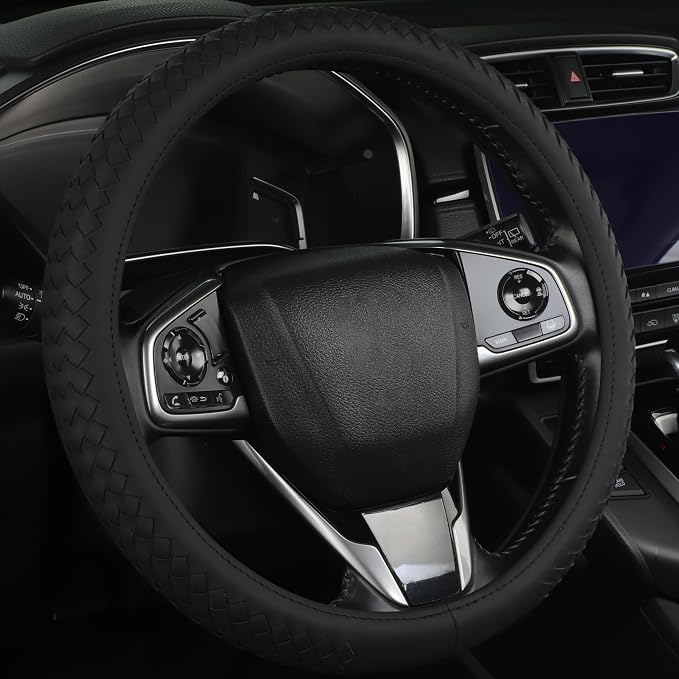 Leather Steering Wheel Cover Men，with Black Woven Pattern Car Accessories ，Anti-Slip, Safety, Soft, Breathable, Adaptable to 14.5-15 inches Steering Wheel Fit SUV， Jeep， Van，Sedan，Car