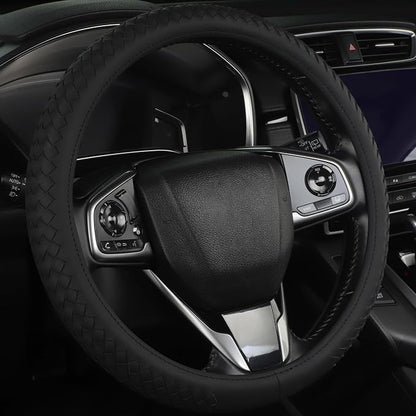 Leather Steering Wheel Cover Men，with Black Woven Pattern Car Accessories ，Anti-Slip, Safety, Soft, Breathable, Adaptable to 14.5-15 inches Steering Wheel Fit SUV， Jeep， Van，Sedan，Car