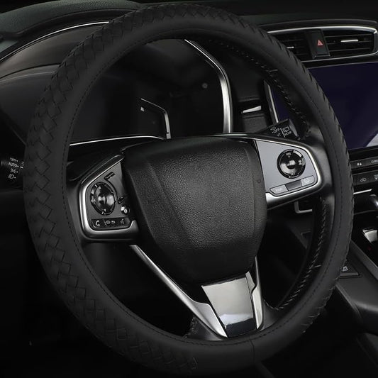 Leather Steering Wheel Cover Men，with Black Woven Pattern Car Accessories ，Anti-Slip, Safety, Soft, Breathable, Adaptable to 14.5-15 inches Steering Wheel Fit SUV， Jeep， Van，Sedan，Car