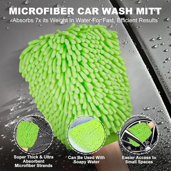 BRUSH FAMILY 3 Pack Car Microfiber Towels with Car Wash Mitt, 1200 GSM 35”x24”& 16"x16" Microfiber Car Drying Towels Ultra-Absorbent, Streak Free, Premium Double Twisted-Loop Cleaning Cloth