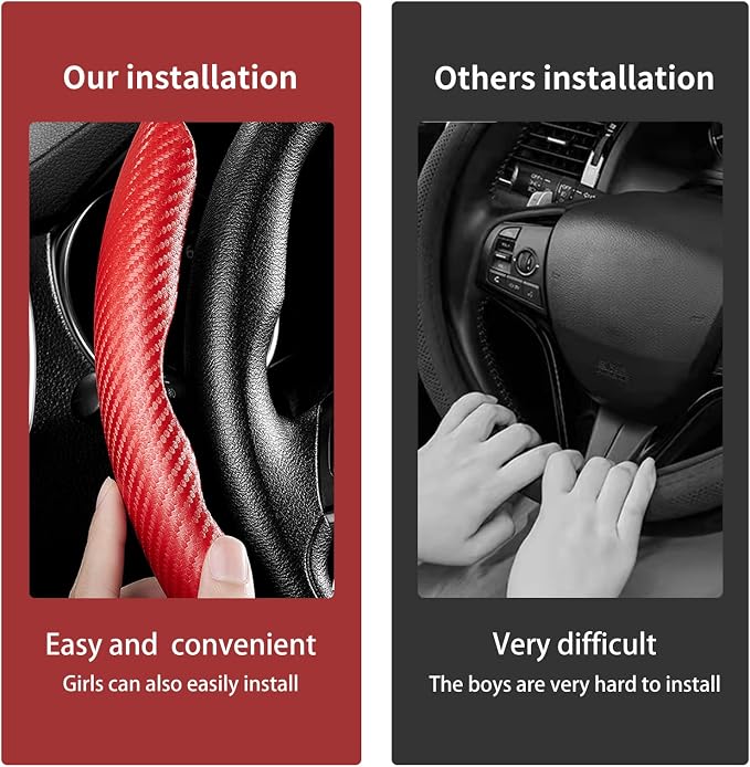 3 Piece Carbon Fiber Steering Wheel Cover,Car Steering Wheel Protector with Non-Slip Lining,Breathable Microfiber Universal for 14.5-15 inch,Red