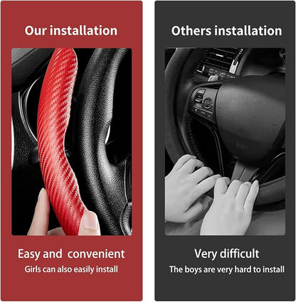 3 Piece Carbon Fiber Steering Wheel Cover,Car Steering Wheel Protector with Non-Slip Lining,Breathable Microfiber Universal for 14.5-15 inch,Red