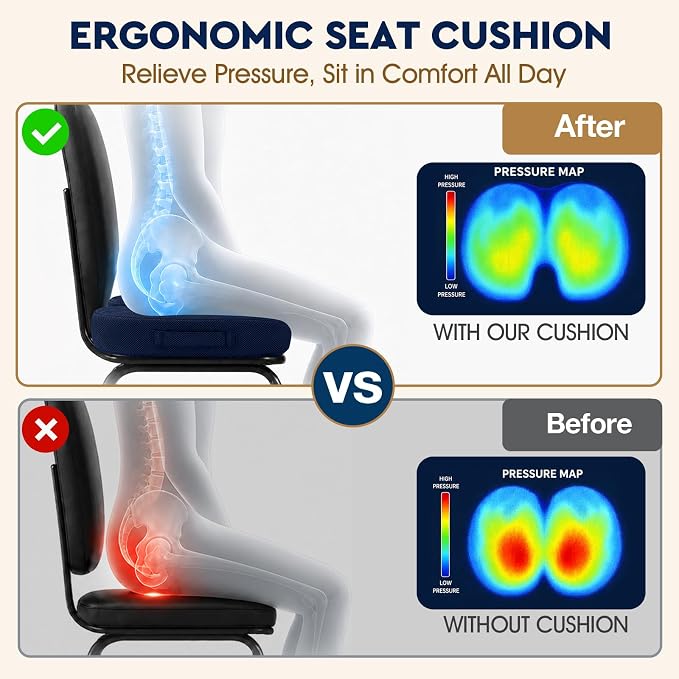 TushGuard Seat Cushion - for Office Chair, Car Seat, Airplane, Bleacher - Sciatica & Coccyx Pain Relief Desk Chair Cushion for Long Sitting Office Workers, Car Drivers(Blue, XXX-Large)