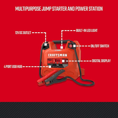 CRAFTSMAN 1000A Car Battery Jump Starter and Portable Power Station, 3-in-1 Solution, 12V DC and 2.4A USB Charging, for 12V Automotive, Marine, and Power Sport Batteries, CMXCESM281