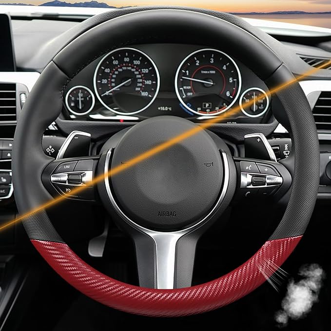 Black & Red Carbon Fiber Leather Steering Wheel Cover, 14.5-15 Inch Non-Slip Breathable Microfiber Leather Car Steering Wheel Protector for Men Women