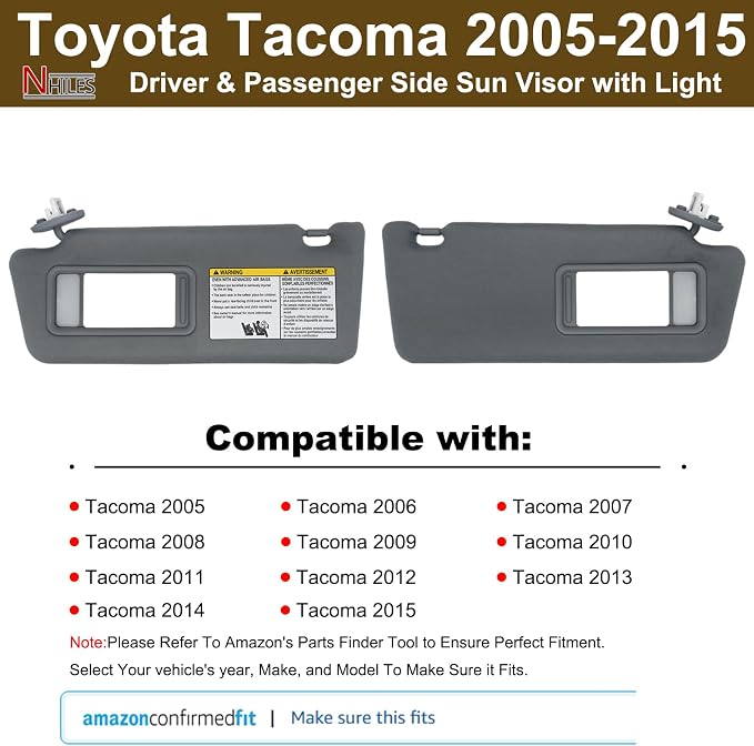 NHILES Driver & Passenger Side Sun Visor Replacement Fits for Toyota Tacoma 2005-2015 Sunshade with Light 7432004210B0 7431004120B0 Color Dark Gray