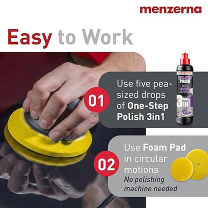menzerna All-in-One polishing Kit I Car polishing Set with Menzerna One-Step Polish 3in1 (8oz) and 3.5 Inch Polishing Pad I Moderate Scratch Remover, high Gloss and Wax Kit for All Types of Vehicles