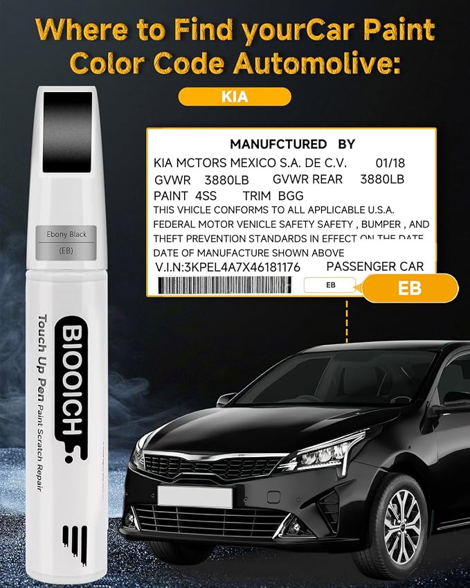 Touch Up Paint Pen Exact Color Match Car Chip and Scratch Repair (for Kia, Ebony Black(EB))