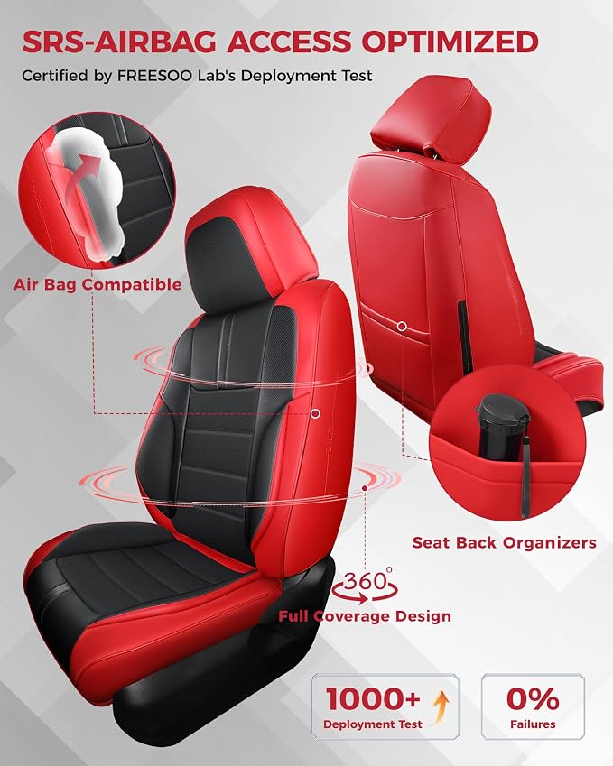 FREESOO Universal Full Seat Covers, Waterproof Faux Leather Automotive Seat Covers with Carbon Fiber Texture Seat Belt Pads, Anti-Slip Airbag Compatible Car Seat Covers for Cars SUVs Trucks