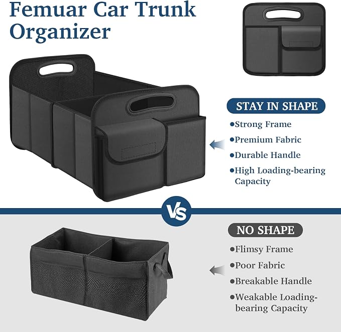 Femuar Car Trunk Organizer, Car Storage Organizer with Large Capacity Waterproof Collapsible Trunk Organizer for Car Suv/Jeep/Sedan (Grey, Standard)