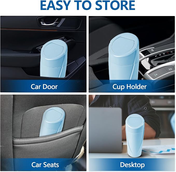 Hovom Mini Car Trash Can with Lid, Portable Garbage Can for Car, Leakproof Cup Holder Automotive Garbage Bin with 2 Rolls of Trash Bags, Small Trash Storage Can for Car Home Office(Light Blue)