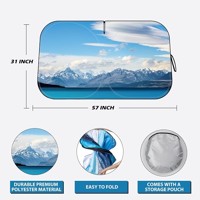 Windshield Sun Shade - Car Windshield Sun Shade for UV Protection Heat Reduction 2026 Sun Visor for Car Interior (57"x31"), Blue - Snowy Mountain