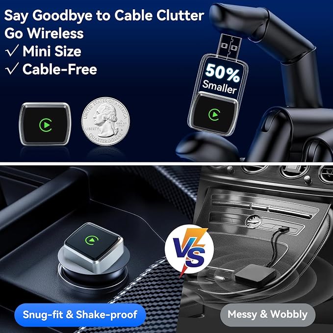 Wireless CarPlay Adapter 2026 Upgrade Mini Design, Bluetooth Plug & Play Converts Wired CarPlay/Android Auto to Wireless - Easy Use Fast Stable Connection for iPhone iOS 10+ & Android 11+