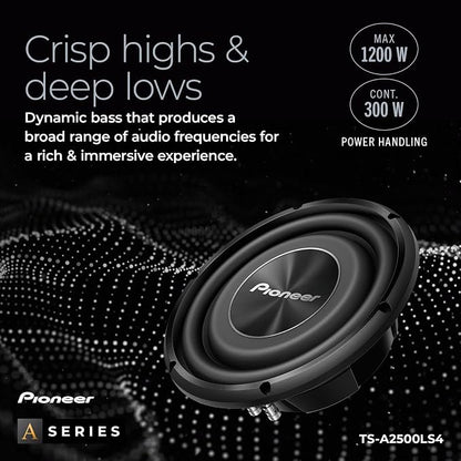 Pioneer A-Series TS-A2500LS4 10” Subwoofer – 1200W Max, Shallow-Mount Design, Deep Bass in Tight Spaces