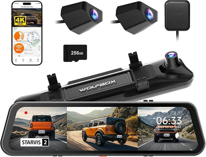WOLFBOX G900 Tripro Bumper Version 3 Channel 4K Mirror Dash Cam, 8MP STARVIS 2 IMX678 Night Vision, 4K+2.5K+1080P Front and Rear Bumper Dash Cam, 5.8GHz WiFi, Voice Control, Includes 256GB Card & GPS