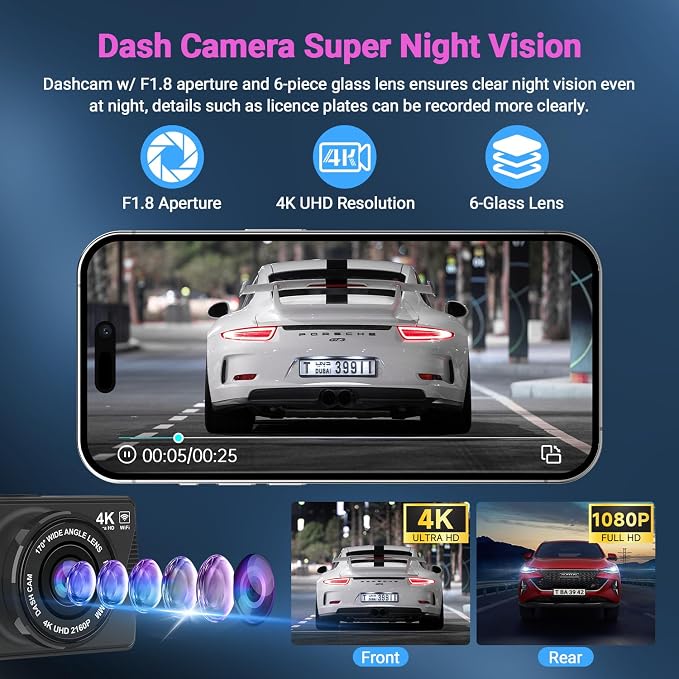 Dash Cam Front and Rear, Dash Cam 4K WiFi/APP Control Dashcam W/ 64GB Card Dash Camera for Cars DVR Car Security Cameras W/Loop Recording G-Sensor Time-Lapse Parking Mode Car Dashcam USB Powered