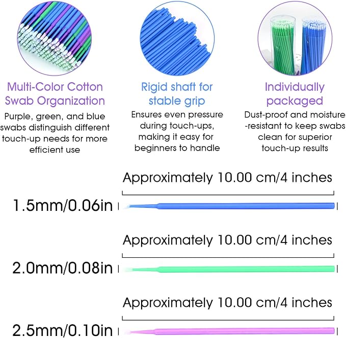 300 PCS Small Paint Brushes for Touch Up, Fine Tip Paint Brush Set for Automotive Paint Chip Repair, Disposable Paint Brushes Bulk with 2.5mm, 2.0mm & 1.5mm Sizes (Blue, Green, Purple)