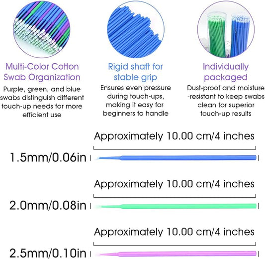 300 PCS Small Paint Brushes for Touch Up, Fine Tip Paint Brush Set for Automotive Paint Chip Repair, Disposable Paint Brushes Bulk with 2.5mm, 2.0mm & 1.5mm Sizes (Blue, Green, Purple)