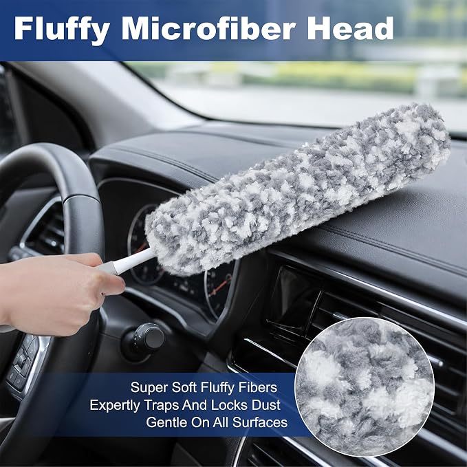 17.3" Handheld Microfiber Car Duster for Cleaning, Multi-Purpose Duster with Detachable & Washable Head, for Car Interiors, Electronic Products, Furniture, Windows, and Delicate Surfaces