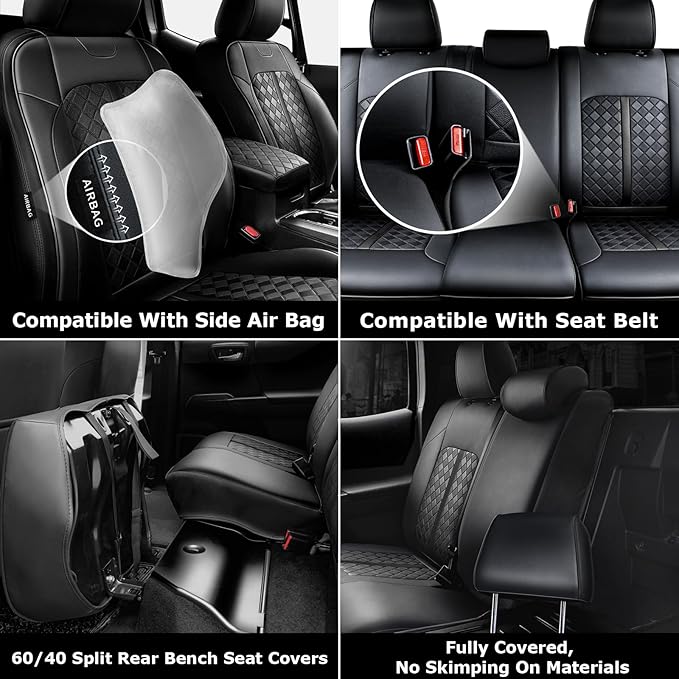 Carlimeki Leather Seat Covers Custom Fit for Tacoma Gen 3rd (2016-2023) Double & Crew Cab, for SR, SR5, Limited, TRD Pro, TRD Sport, TRD Off-Road, Trail Special Edition - Fully Covered