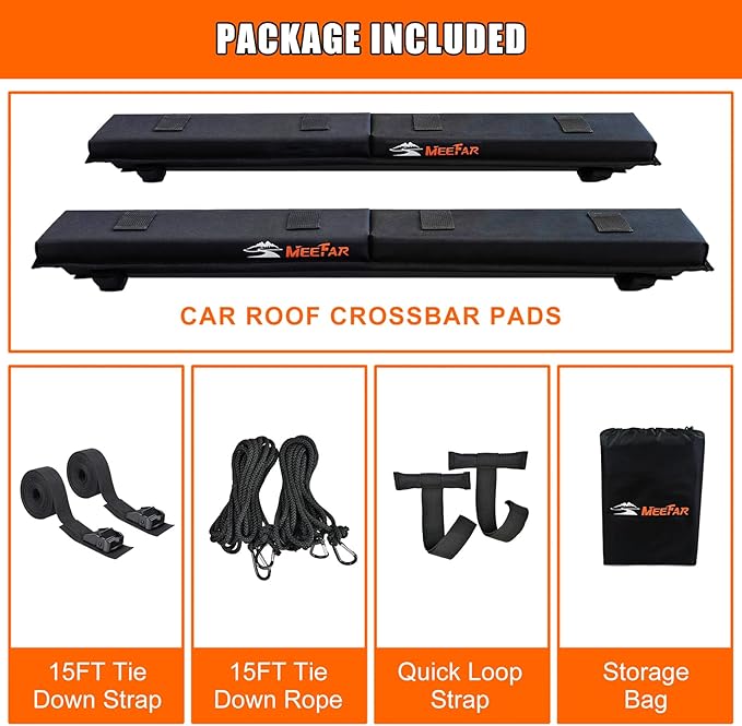 MeeFar Universal Car Soft Roof Rack Pads Luggage Carrier Rack for Kayak Surfboard SUP Canoe Include 2 Heavy Duty Tie Down Straps, 2 Tie Down Rope, 2 Quick Loop Strap