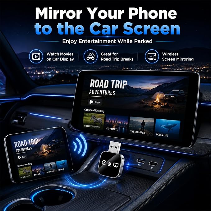 Car Accessories Bluetooth for Apple Carplay Adapter Wireless Mirroring to Watch TV on Screen Play Streaming Device Movies Mirror Phone Auto Link Pro 2026 3 in 1 USB Vehicle for iPhone