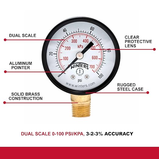 Winters 2 inch Dial Size, Multi Function Economy Utility Dry Pressure Gauge, Brass Internals, Black Steel Case, Dual Scale 0-100 psi/kPa, 3-2-3% Accuracy, 1/4 inch NPT Bottom Mount, Pressure Gauge