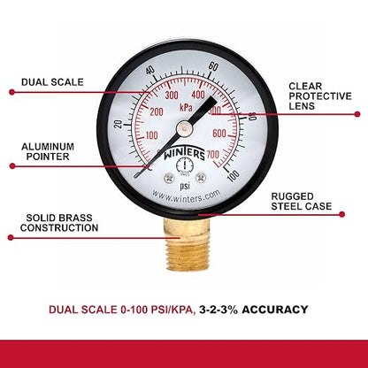 Winters 2 inch Dial Size, Multi Function Economy Utility Dry Pressure Gauge, Brass Internals, Black Steel Case, Dual Scale 0-100 psi/kPa, 3-2-3% Accuracy, 1/4 inch NPT Bottom Mount, Pressure Gauge