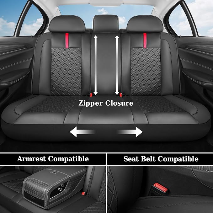 Coverado Car Seat Covers Full Set, Waterproof Front Seats Back Seat Cover, Leather Seat Cushion Universal Fit for Most Cars (Black-Red)