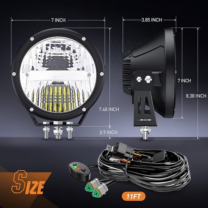 Nilight 7 Inch Round Offroad Lights 2 PCS 120 W High Low Beam IP68 LED Driving Pods Built-in EMC with 14AWG DT Connector Wiring Harness Kit for Truck ATV UTV SUV
