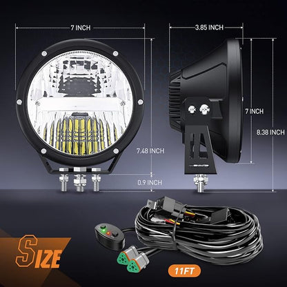 Nilight 7 Inch Round Offroad Lights 2 PCS 120 W High Low Beam IP68 LED Driving Pods Built-in EMC with 14AWG DT Connector Wiring Harness Kit for Truck ATV UTV SUV