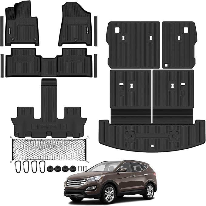Tongama-Floor Mats for 2024 2025 2026 Hyundai Santa Fe 7 Seats, All Weather TPE Trunk Mat with Backrest Mat & 2nd Row Backrest Mats & Cargo Net & Door Sill Guards for Santa Fe Floor Liner Accessories