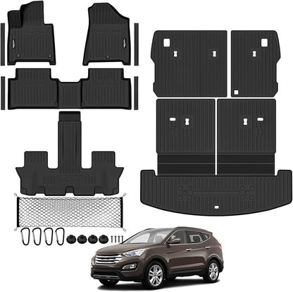 Tongama-Floor Mats for 2024 2025 2026 Hyundai Santa Fe 7 Seats, All Weather TPE Trunk Mat with Backrest Mat & 2nd Row Backrest Mats & Cargo Net & Door Sill Guards for Santa Fe Floor Liner Accessories