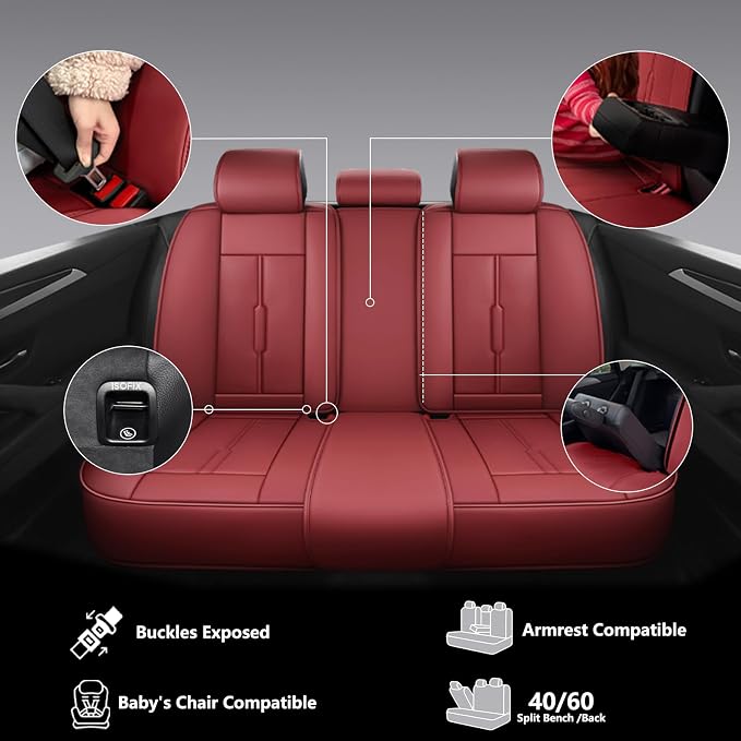 NS YOLO Universal Fit Full Coverage Leather Car Seat Covers for Cars,SUVs and Pick-up Trucks, Car Seat Protector,Automotive Seat Covers Full Set,Car Seat Cushion,Wine Red Seat Cover for 5 Seats