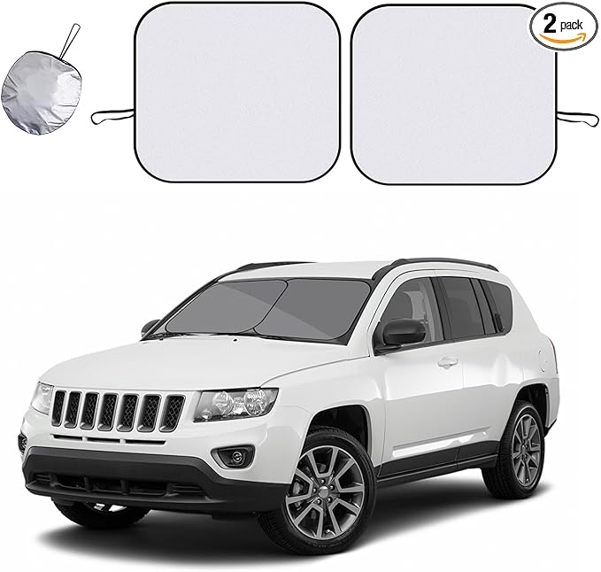 Kewucn 2 PCS Windshield Sun Shade Reflective Fabric, Foldable Auto Front Window Sunshade Protection, 99% UV Rays and Sun Heat Blocker and Keeps Vehicle Cool, Car Accessories (33"×36", Silver)