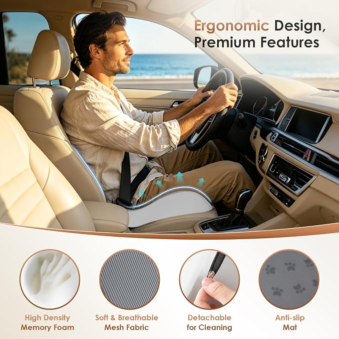 FLORICH Upgrade Large Car Seat Cushion for Long Sitting, Ergonomic Memory Foam Driving Seat Cushion for Back & Sciatica Pain Relief, Non-Slip Washable Seat Cushion for Car, Driver, Office-Gray