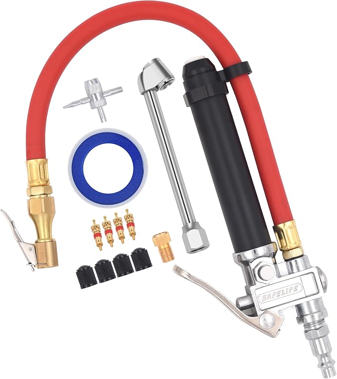 Tire Inflator 10-120 PSI Tire Pressure Gauge with 12 Inch Air Hose，Lock on Air Chuck, Heavy Duty 1/4'' NPT Tire Inflator Gauge Compatible with Air Pump Compressor for Car Truck Motorcycle Bike