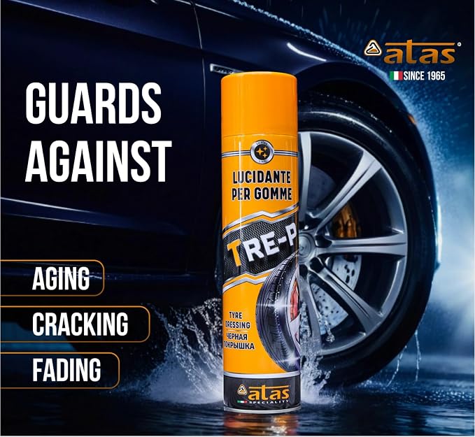 ATAS Italian Tire Shine Spray – Long-Lasting Shine, Deep Black Gloss, Professional Tire Dressing, 13.5 fl oz,3-in-1 Revive, Protect & Polish Cleaner