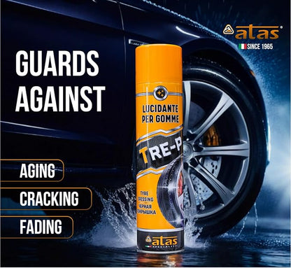 ATAS Italian Tire Shine Spray – Long-Lasting Shine, Deep Black Gloss, Professional Tire Dressing, 13.5 fl oz,3-in-1 Revive, Protect & Polish Cleaner