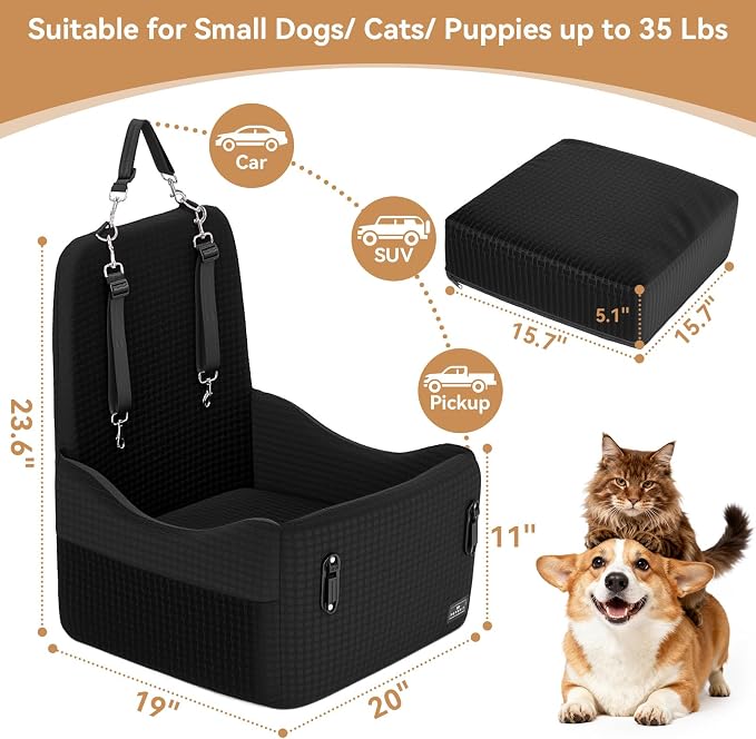 PETSFIT Dog Booster Car Seat for Small/Medium Dogs Up to 35 lbs – Patented Safety System, 5" Memory Foam Pet Car Seat, Fully Detachable and Washable Cover, Front/Back Seat Travel Booster (Black)