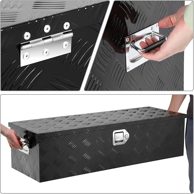 DNA MOTORING Aluminum Lockable Storage Box, Trailer Tongue & Truck Bed Tool Box w/Keys & Side Handle, Black Organizer w/Diamond Tread Pattern, 39"L x 13.3"W x 10"H, TBOX-T5-004-BK