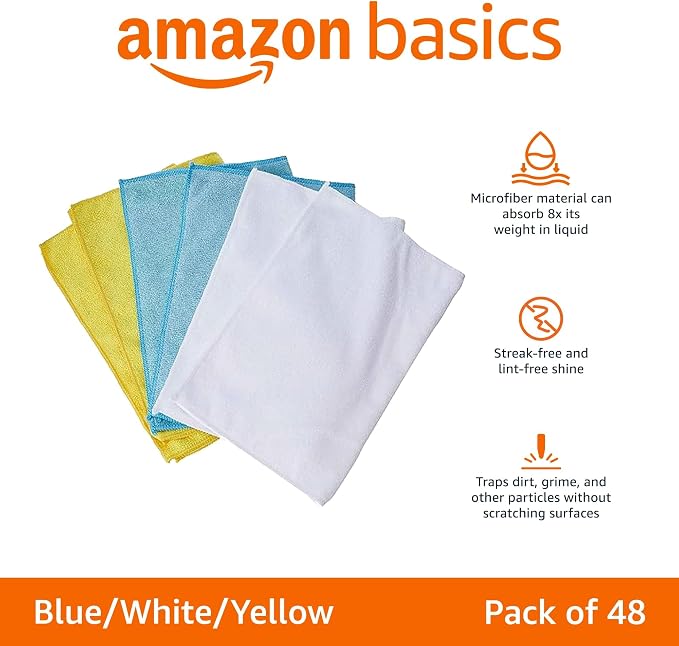 Amazon Basics Microfiber Cleaning Cloths, Highly Absorbent, Scratch-Free, Ultra-Soft, Non-Abrasive, Reusable and Washable, 16" x 12", Blue/White/Yellow, 48-Pack