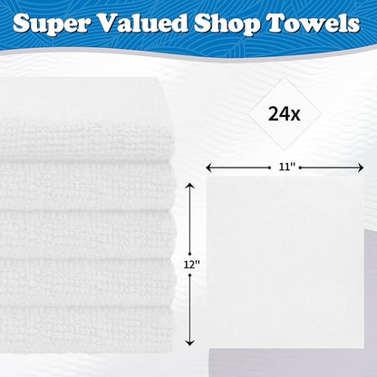FIXSMITH Microfiber Cleaning Cloth, Shop Towels Bulk, 24 Pack White Microfiber Towels for Cars, All-Purpose Absorbent Cleaning Rags, Dust Cloth for Automotive, Mechanic, Garage, Bar, 12 x 11 inch