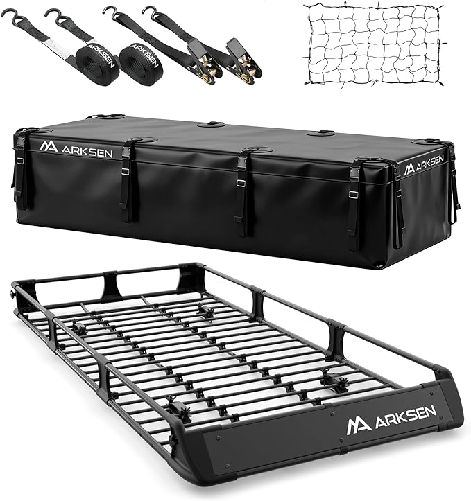 ARKSEN 2-in-1 Foldable Fairing Roof Rack Cargo Basket, 82" x 39" Heavy Duty Steel Rooftop Carrier w/Waterproof Bag, Net & Straps,250 lbs Max Load, Fits SUV Truck Pickup for Kayaks, Canoes & Luggage