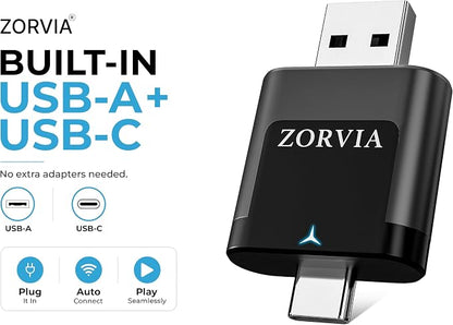 ZORVIA Wireless CarPlay Adapter for iPhone & Android Auto 2026 Upgraded - Convert Wired CarPlay to Wireless, Fast Auto Reconnect, Plug and Play, USB-C & USB-A (Black)