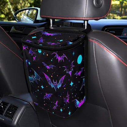 Colored Bats Stars Pattern Car Trash Can Leakproof Garbage Bag with Lid and Zipper 1.2Gal Trash Bin Hanging for Back Seat Halloween Car Accessories Universal Fit
