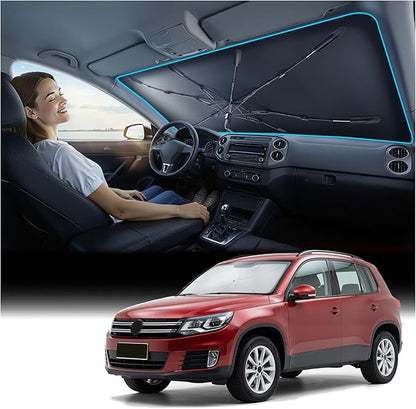 Nmoiss Windshield Sun Shade Umbrella Fit for Volkswagen Tiguan 2009-2026 Accessories, [Vinyl Coating Heat Shield] Protect Car from Sun Rays & Heat Damage Keep Cool and Protect Interior