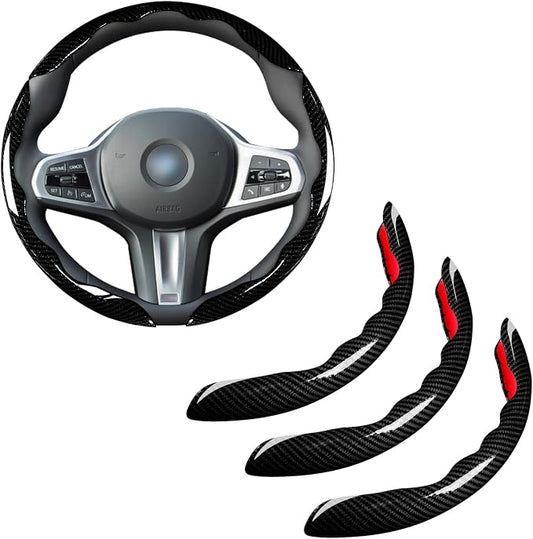 Car Steering Wheel Cover Set Bright Carbon Fiber Wrap Non-Slip 3pcs Steering Wheel Accessories 14.5-15 inch Universal (Black)