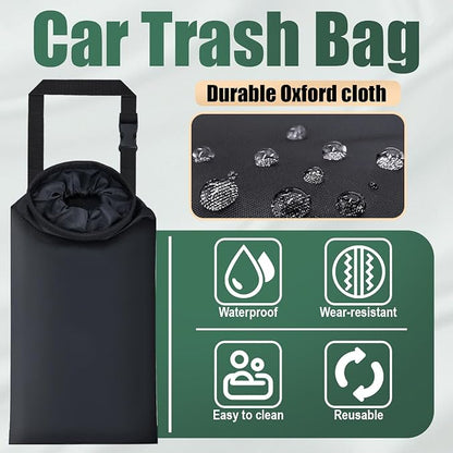 ecocstm 2 PCS Car Trash Bags, Car Accessories Washable Garbage Bag Hanging, Detachable Trash Can with Top Elastic Vent & Sticky Strap Bottom Opening, Seat Back Tash Bag for Cars,Travelling,Outdoor