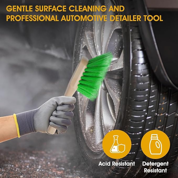 Soft Bristle Wheel Chemical-Resistant Brush for Fender and Wheel Cleaning - 2-1/2" Sturdy Bristle and 20" Ergonomic Long Handle - Cleaning Tool for Automotive Maintenance - Pack of 3